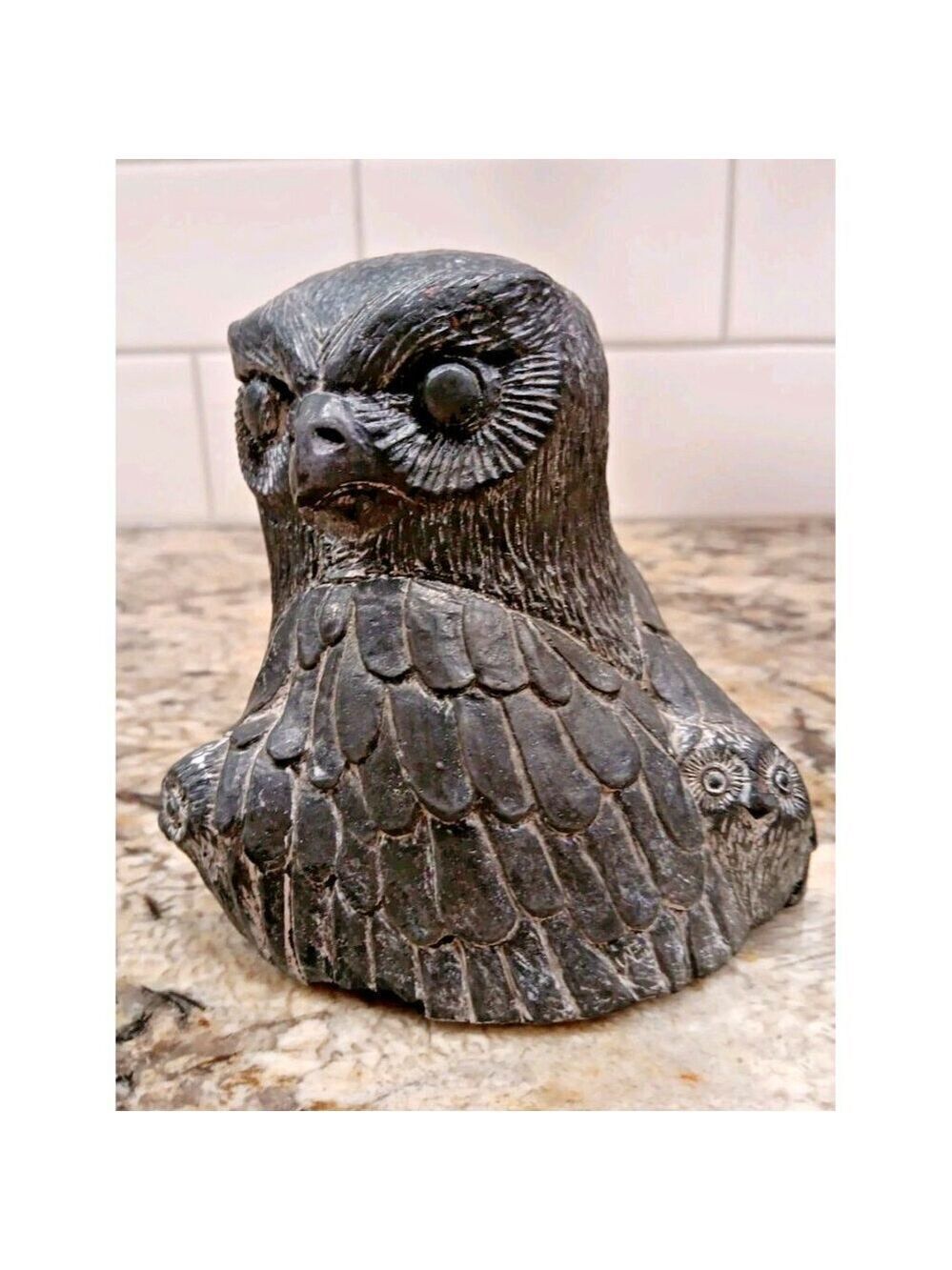 The Wolf Sculptures Carved Owl & Babies Canada 4.5" Tall X 3.5” Wide